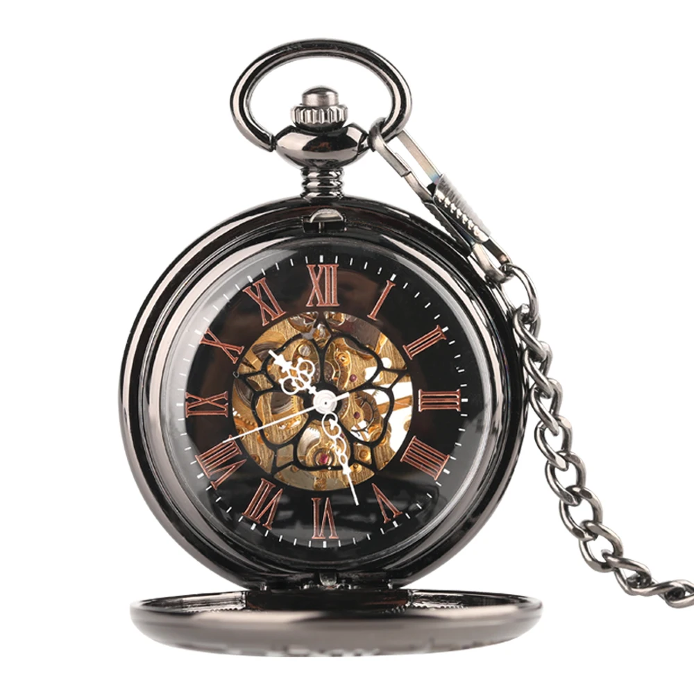 Antique Hand Mechanical Pocket Watch Vintage Gear Wheel Full Hunter Black Pendant Necklace Pocket Clock Gift for Women Men