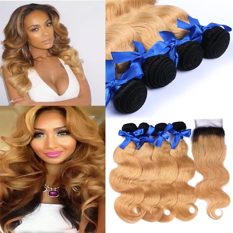 Оптовая Бразильского Виргинские Ombre Волос Weave С Закрытие Lace Closure Человеческих