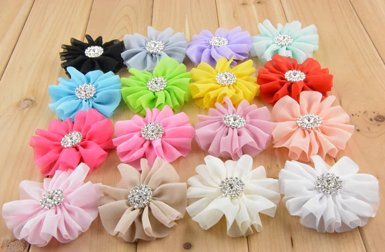 60 шт./лот новые цветы для волос Шифоновый Цветок девочек с алмазным центром