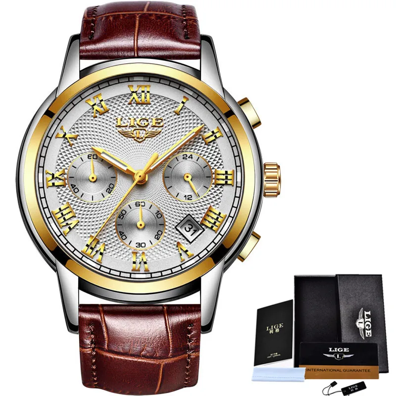 Gold White LIGE золотые часы для мужчин модные кварцевые кожаные часы для мужчин s часы Топ бренд класса люкс водонепроницаемые Бизнес Спортивные часы Relogio Masculino - Цвет: Gold White