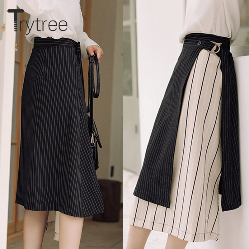 Trytree Лето Осень Женская Полосатая юбка Повседневная полиэфирная хлопковая
