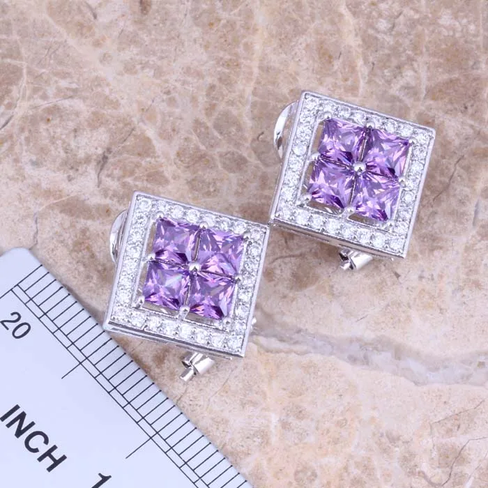 Блестящие фиолетовые кубические циркониевые белые CZ посеребренные серьги кулон