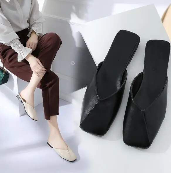 Women's Slippers Flat-bottomed Sandals Outside Wearing Baotou Low-Headed Square Shoes A186 | Обувь