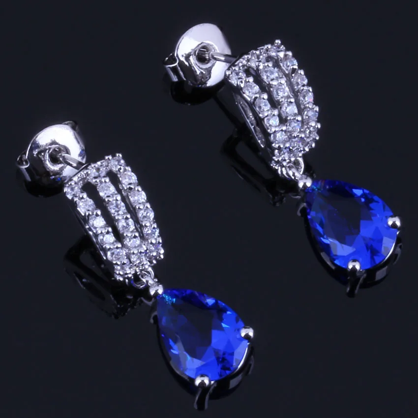 

Gracious Water Drop Blue Cubic Zirconia White CZ Silver Plated Drop Dangle Earrings V0373