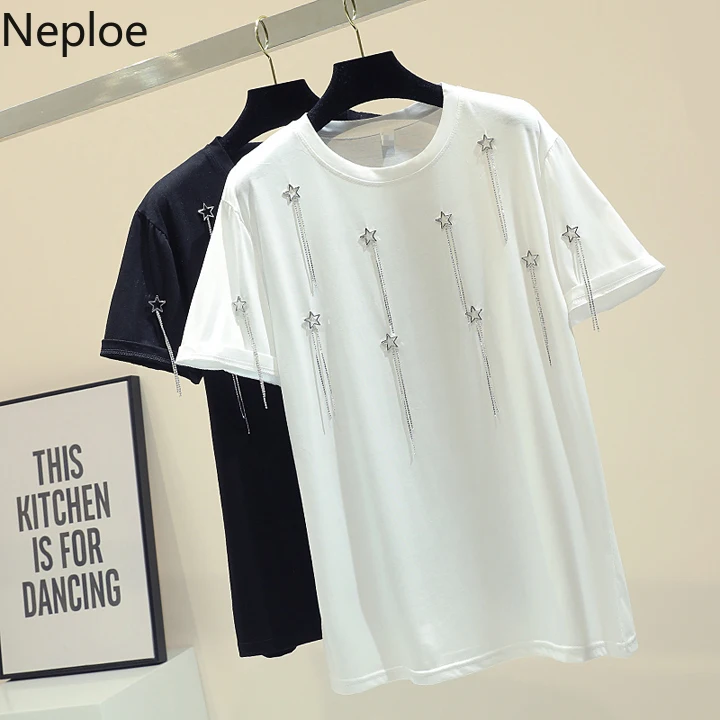 Neploe, летняя женская футболка с круглым вырезом, коротким рукавом, кисточками и звездами, женские топы, белые, черные, свободного размера плюс, Корейская футболка 39152