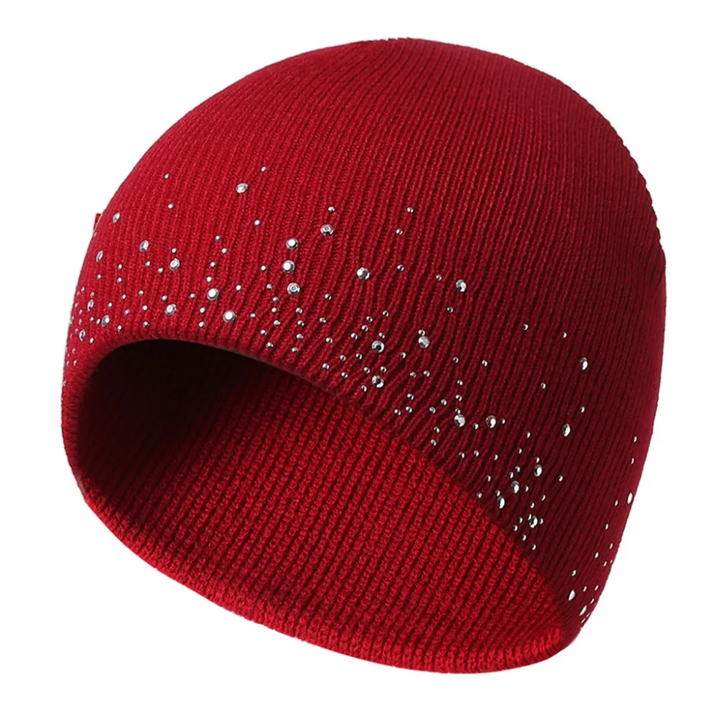 Womens Knitted Beanie Hat Rhinestones Winter Warmer Ski Slouchy Caps Solid Color | Аксессуары для одежды