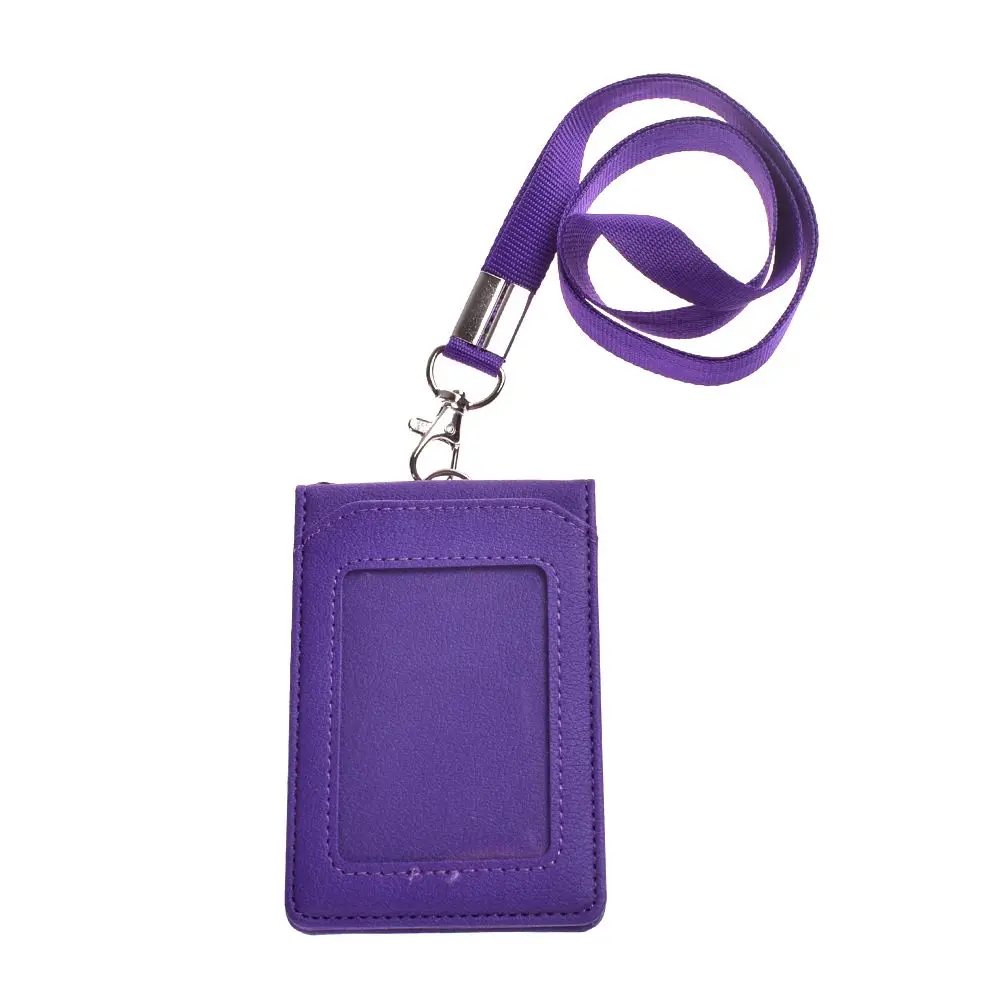 Purple Leather Wallet Work Office ID Card Credit Card Badge Holder+ Lanyard+ 5 Slots Bank Card Holders ID Badge Holders Accessories - Color: Purple