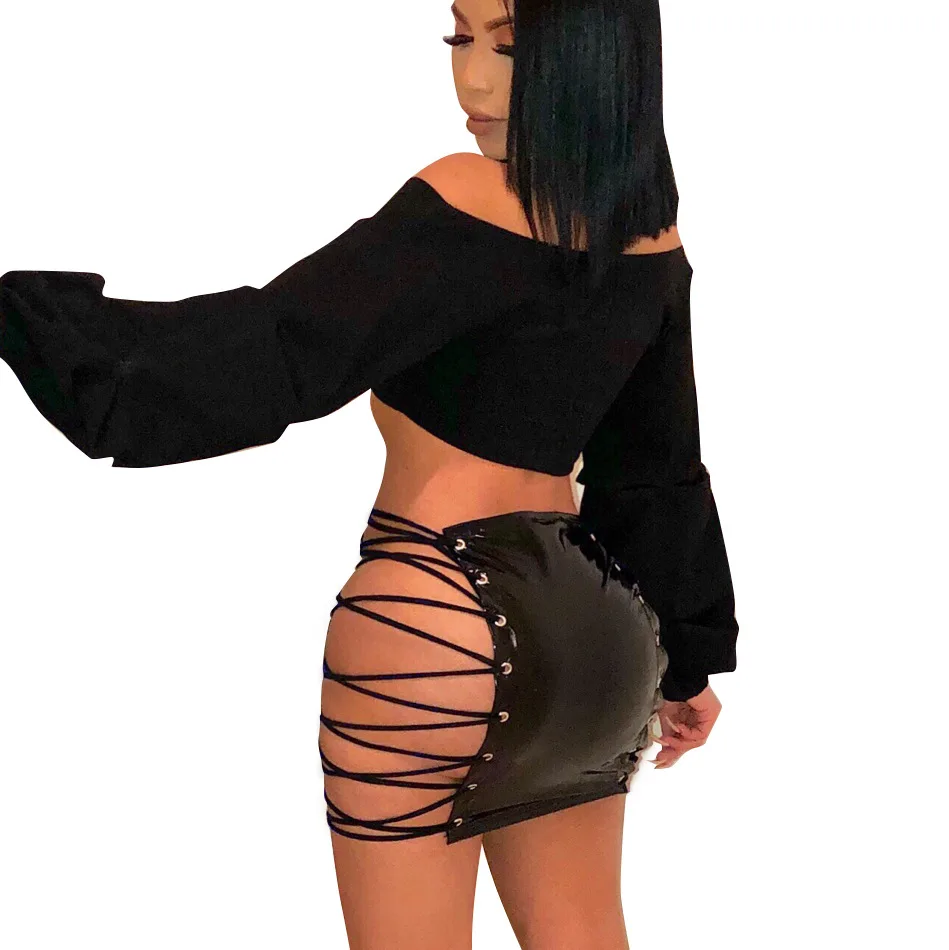 Черный Adogirl Grommet Lace Up Юбка из искусственной кожи пикантные женские Клубные облегающее мини-юбки женственный Faldas высокого качества дешевые юбки - Цвет: Черный