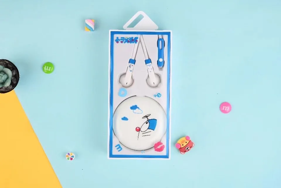 A Милый нарисованный Дораэмон мм 3,5 мм внутриканальные стерео наушники Kawaii Earbud с микрофоном для мобильного телефона iPhone с коробкой для хранения - Цвет: A