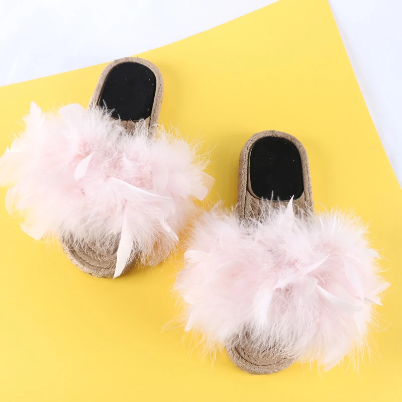 Тапочки с перьями страуса домашние тапочки из пеньковой веревки женские милые