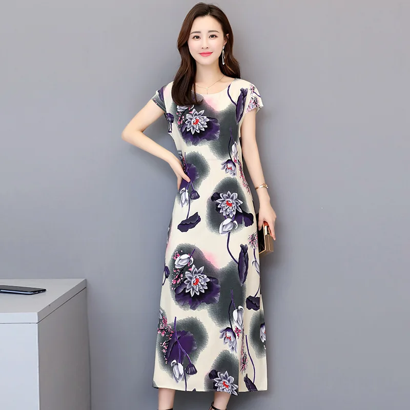 Платье большого размера из хлопка и льна для женщин среднего возраста свободное