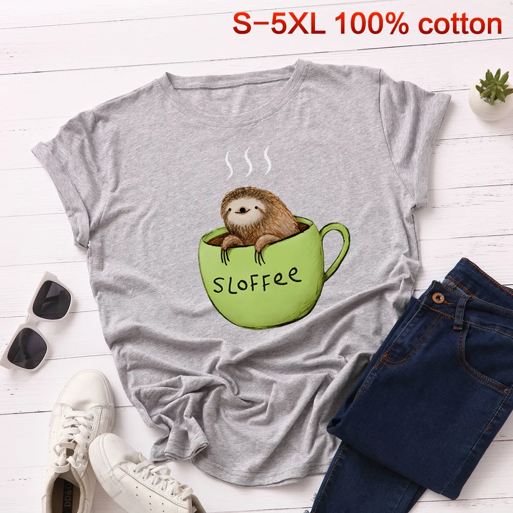 S 5XL Милая женская футболка с рисунком ленивых 100% хлопок забавная чашкой круглым