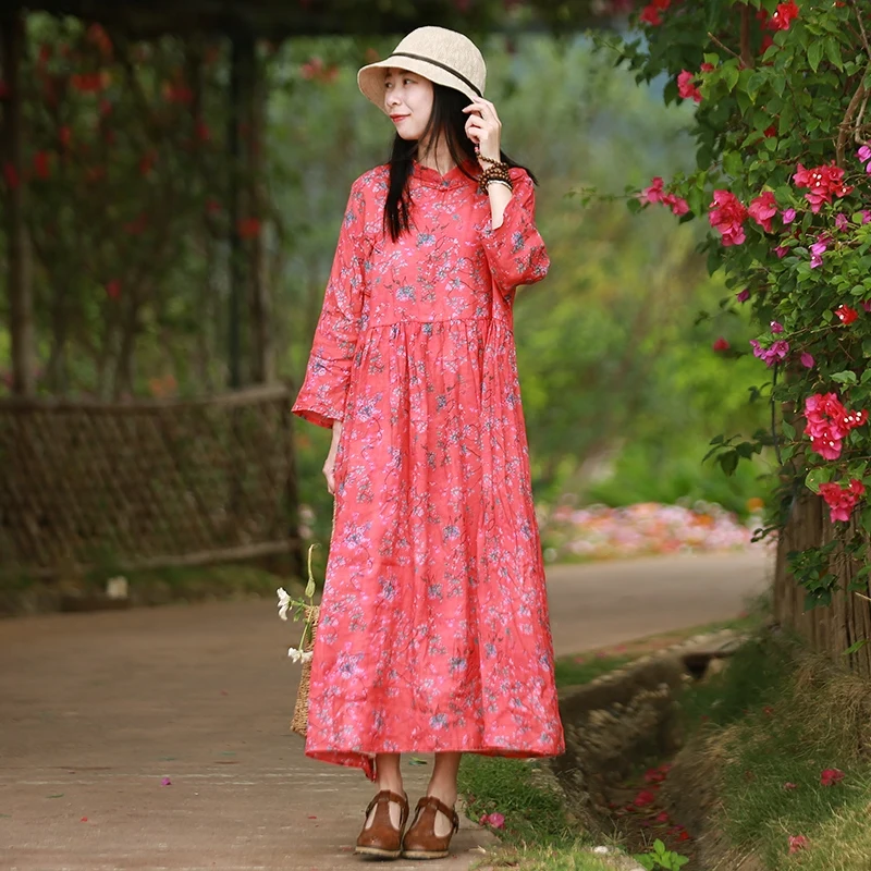 Hisenky 2018 Spring Ramie Three-Quarter Sleeve Dress Women Maxi Dresses Small Flower Shirt Robe Femme Elbise Vestido 1907 | Женская