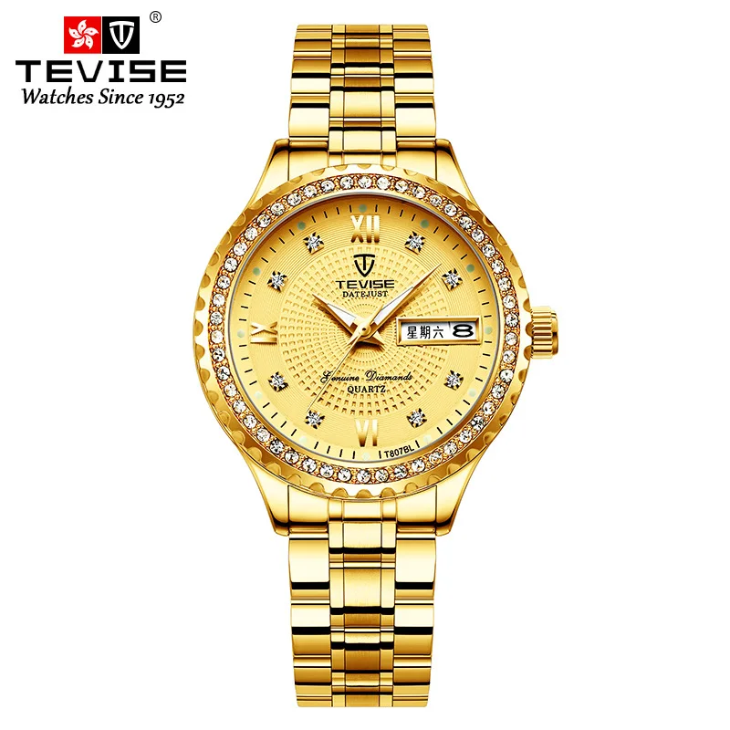 Gold Gold Tevise модные черные кварцевые часы для женщин из нержавеющей стали ремешок для часов Авто Дата Женские повседневные наручные часы подарок для женщин часы - Цвет: Gold Gold