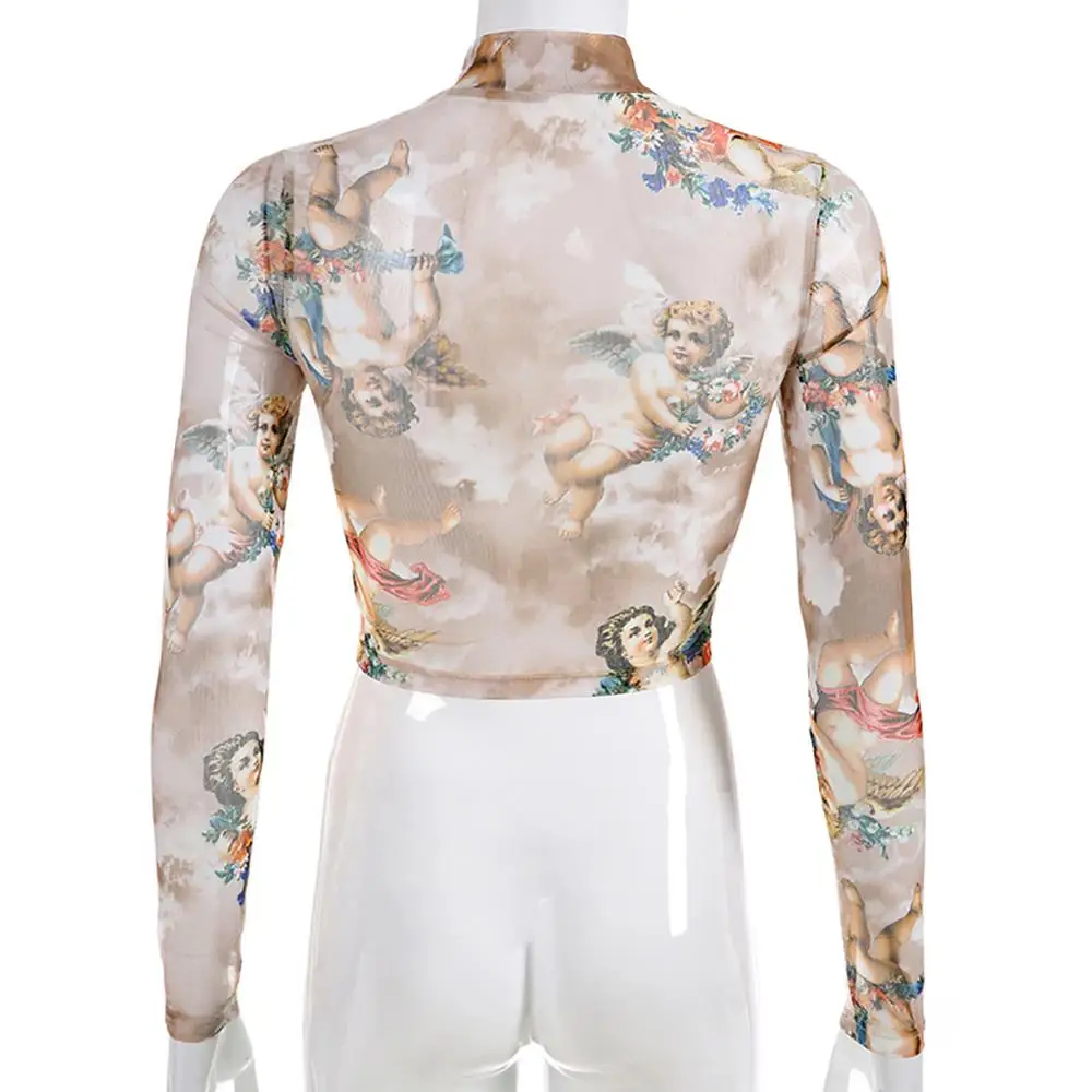 Модные женские футболки 2019 водолазка с длинным рукавом маленький угол принт