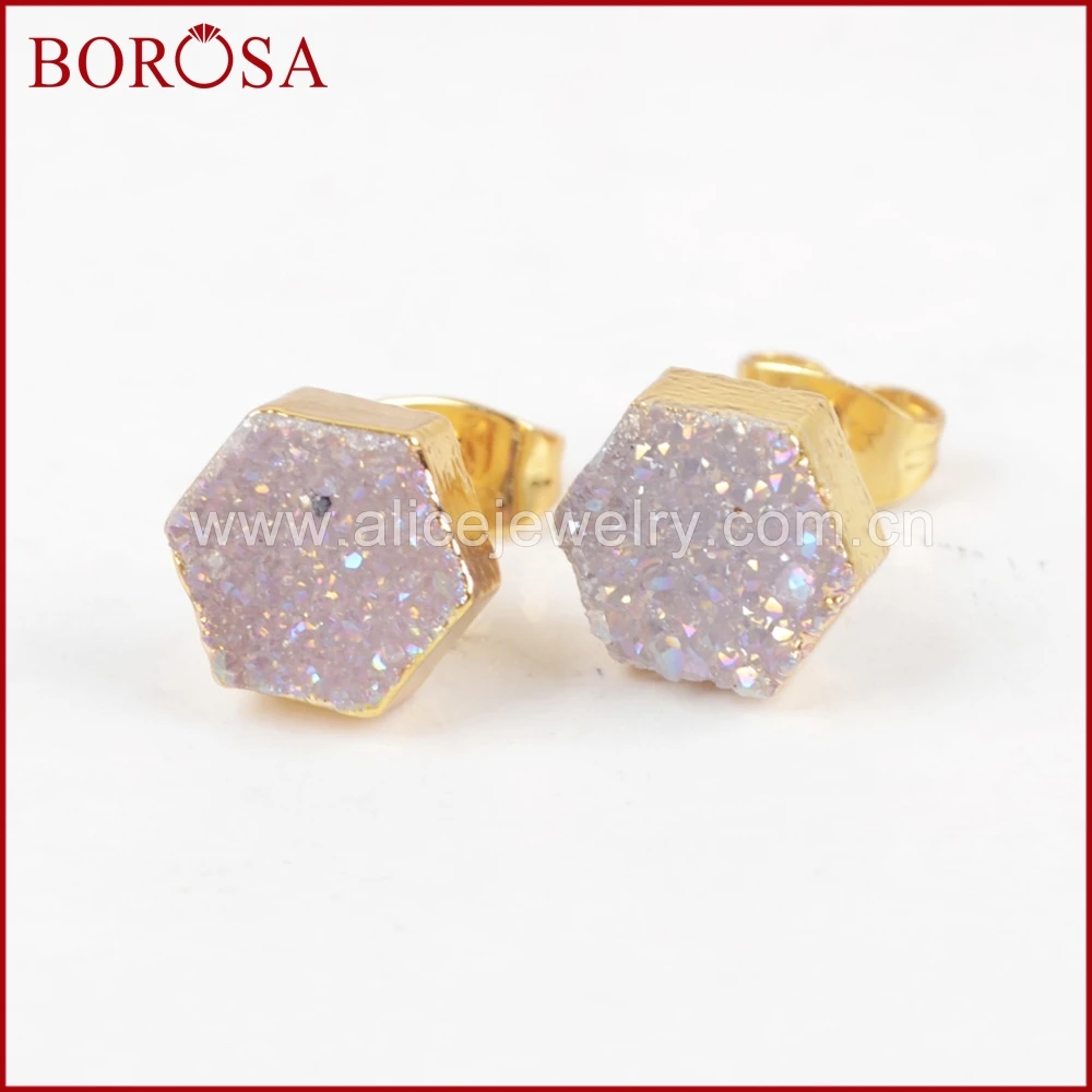BOROSA друзовидный камень серьги для женщин модный шестигранный золотой цвет друза