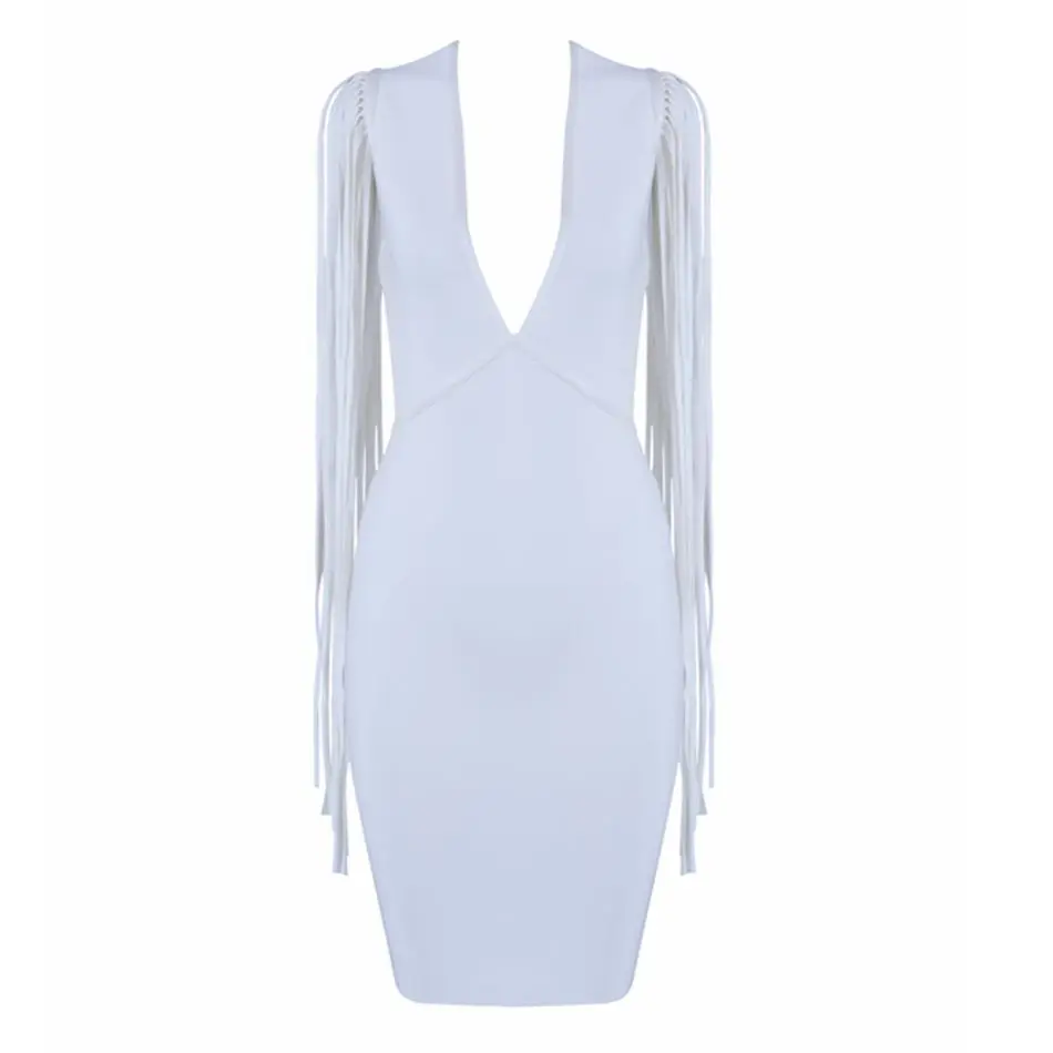 New Summer Celebrity Bandage Dress Women White Sleeveless Tassel V-Neck Sexy Night Out Bodycon Vestidos | Женская одежда