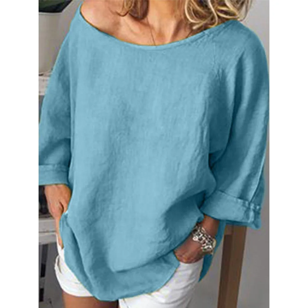 SAGACE Женская футболка белая повседневная с o образным вырезом 3/4 рукав сплошной