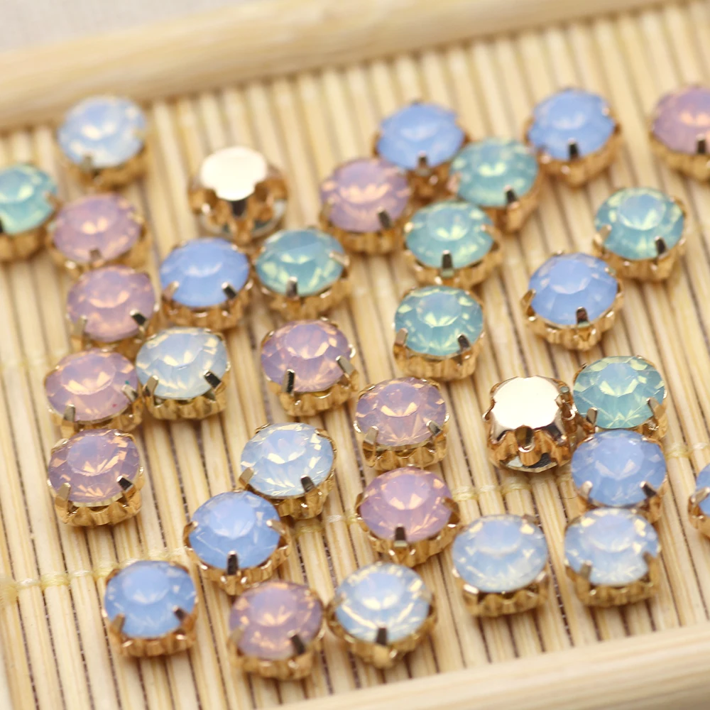 

6mm 50pcs mix opal color sew on rhinestone with gold base Flatback White Opal Sew On Claw Rhinestones For Dress Shoes decoration