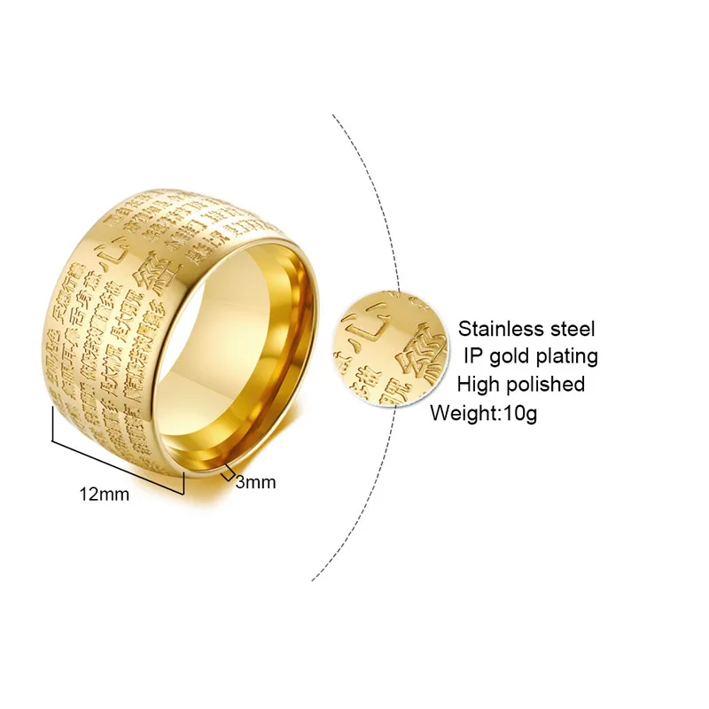 Мужское кольцо буддистское с сутрой сердца из нержавеющей стали 316L круглое
