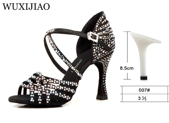 Black heel 8.5cm WUXIJIAO/женские вечерние туфли для сальсы и бальных танцев; туфли для латинских танцев; большие и маленькие стразы; блестящая кожа; черный атлас; Каблук 9 см - Цвет: Black heel 8.5cm