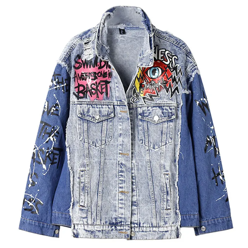 Осенние новые модные женские джинсовые куртки Harajuku граффити печати Изношенные с