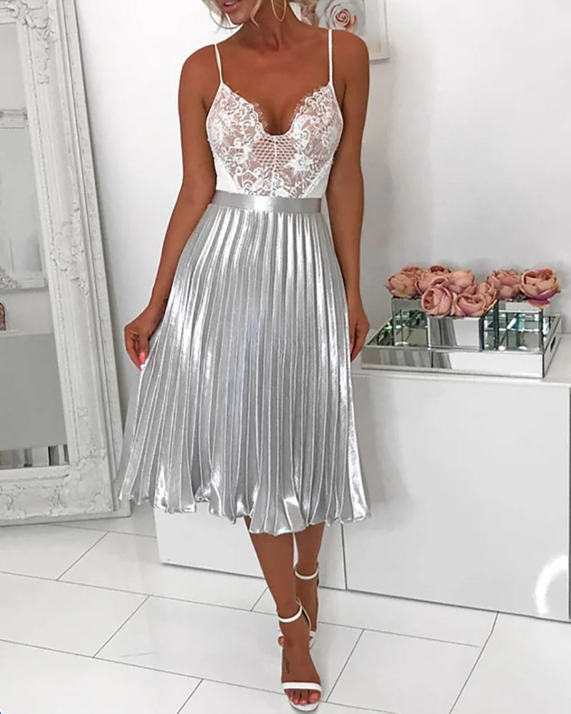 Женская плиссированная юбка эластичная с высокой талией блестящая