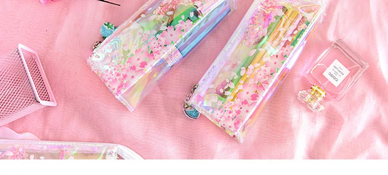 Мини Прозрачный школьный Карандаш Чехол Kawaii Лазерная вишня уголовного зыбучие пески Карандаш Чехол большая блестка пенал для ручек для девочек канцелярские мешок