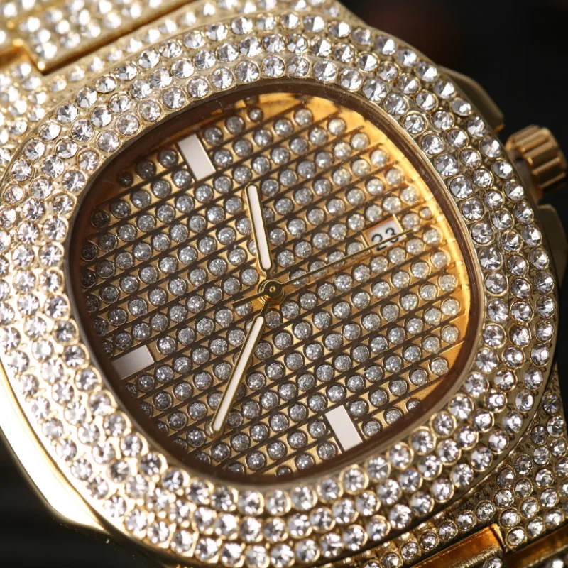 Luxury Men Diamond Watch Hip Hop cross Jewelry Watch& Bracelet&Necklace Combo Set Watch Diamond Ice Out Cuban Watch Set For Men