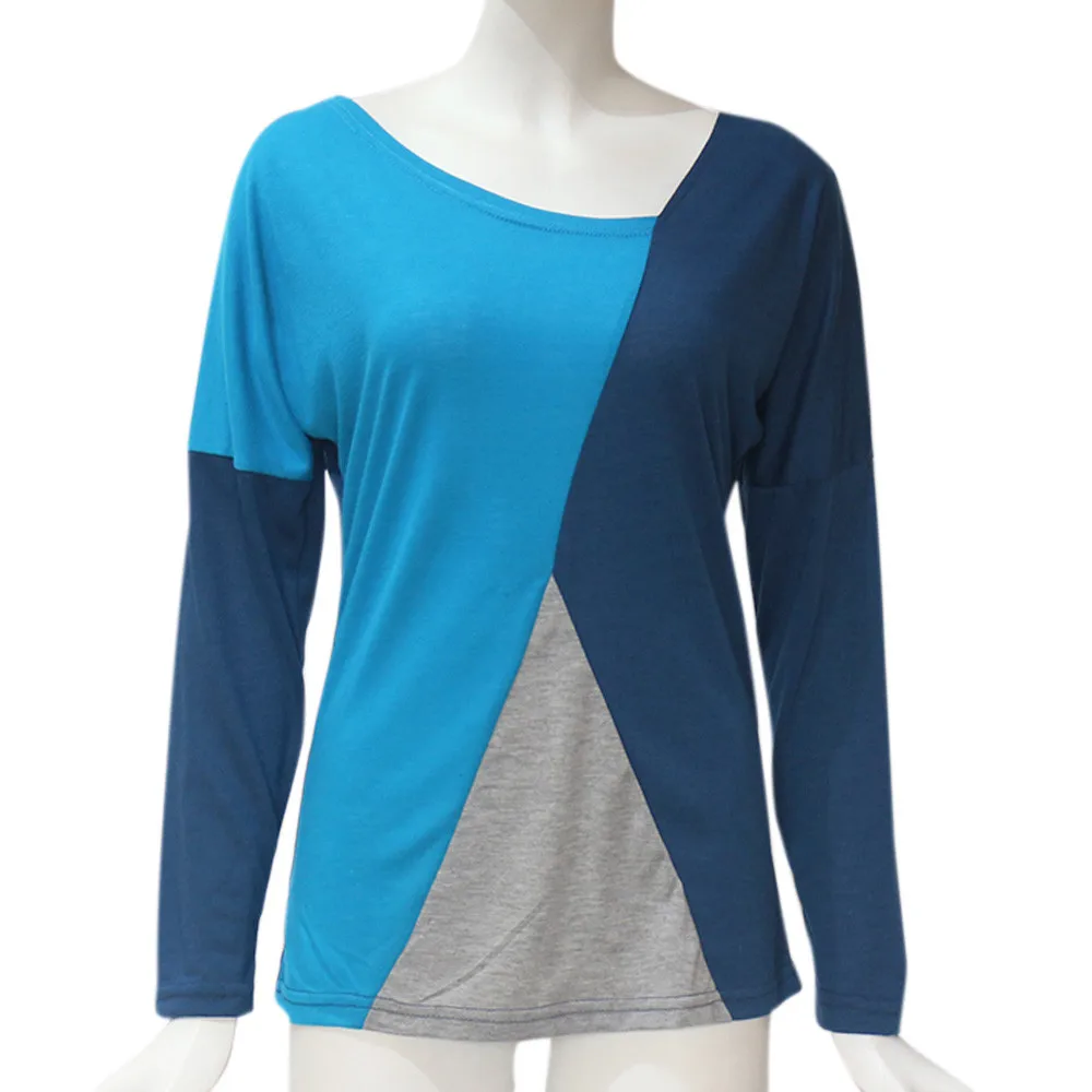 

Fashion Patchwork O-Neck Blouse Ladies Casual Basic Top Sexy Loose Tee Tops Female Women's Long Sleeve Shirt Blusas Pullover