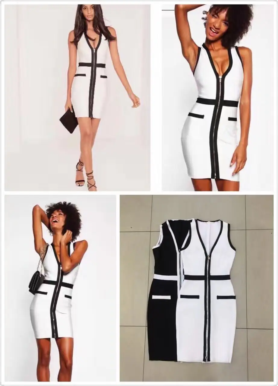 2016 New sexy women white black sleeveless v neck front zipper Mini Elegant Party Dress Wholesale | Женская одежда
