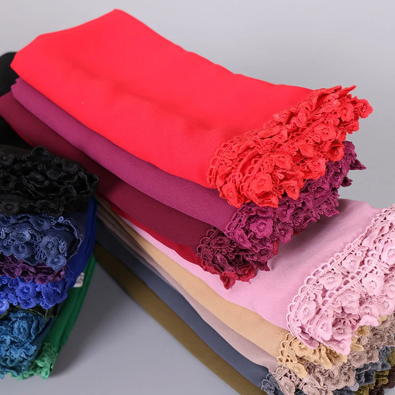 

High Quality Plain Bubble Chiffon Scarf Women Lace Flower Edges Muslim Chiffon Hijab Scarves foulard Shawls Wraps Head Scarf