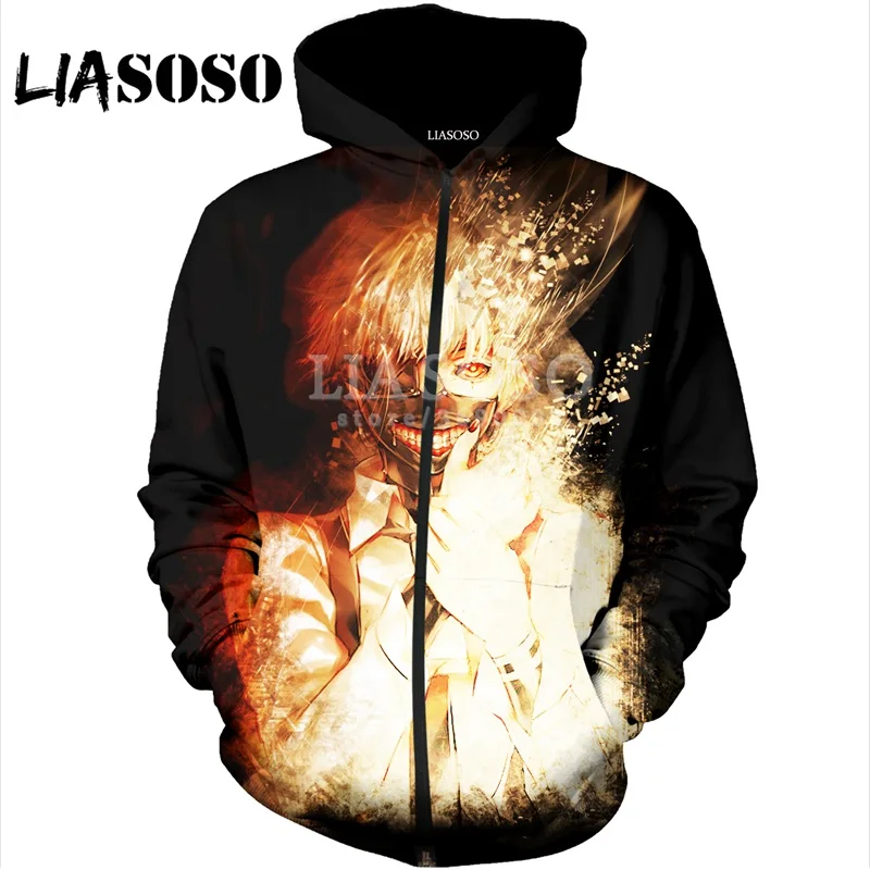 LIASOSO, новинка, 3D принт, для женщин и мужчин, аниме, Токийский Гуль, с капюшоном, пуловер, толстовки, на молнии, куртка, Harajuku, хип-хоп, X0617