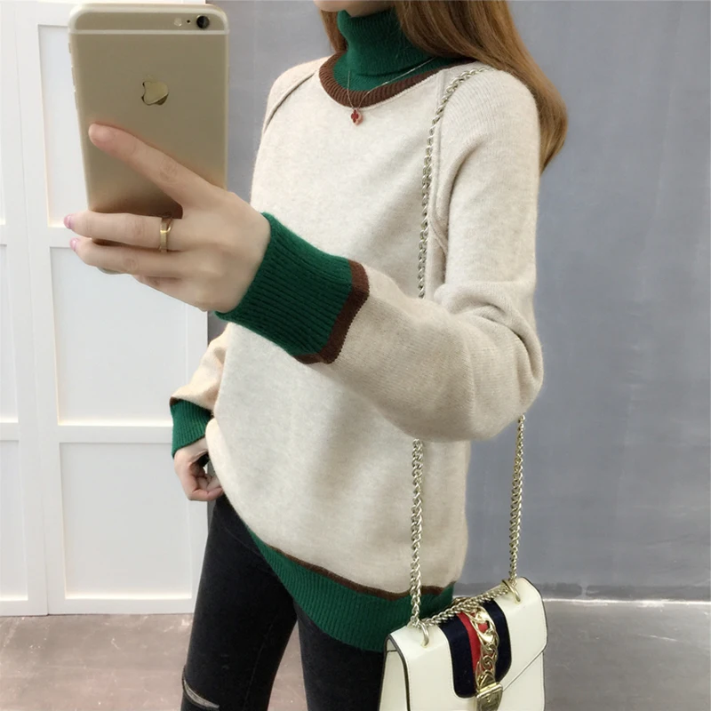 Winter Women Knitted Turtleneck Sweater 2018 New Colorblock Elastic Loose Wild Ladies Sweaters Warm Pullover Tricot Jumper ZY528 | Женская