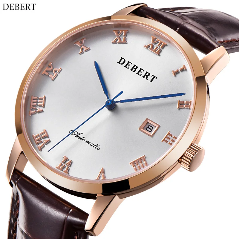 Мужские автоматические часы из натуральной кожи с белым циферблатом и