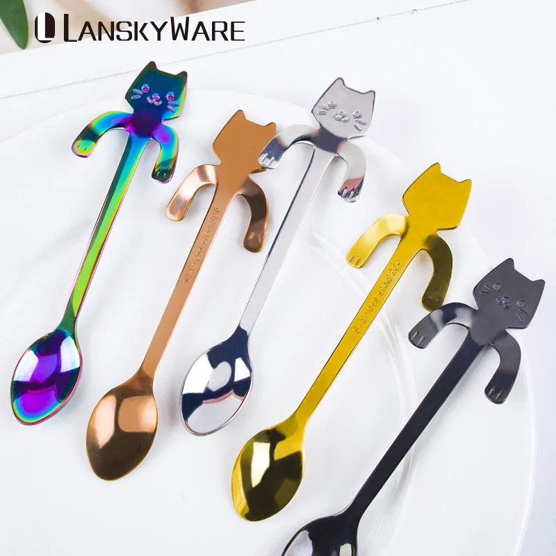 LANSKYWARE Милая Мини чайная ложка с котом 304 нержавеющая сталь подвесная инструменты