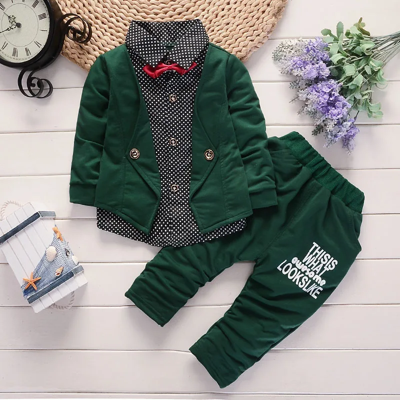 2019 Boys Spring Two Fake Clothing Sets Kids Button Letter Bow Suit Children Jacket + Pants 2 pcs Set Baby | Детская одежда и
