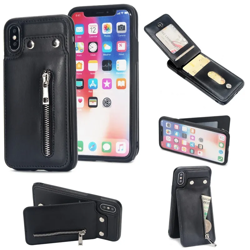 Вертикальный кожаный чехол книжка с металлической молнией для iPhone X S Max 7 8 6 6S Plus 5