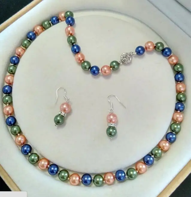 Женский комплект ювелирных изделий 8 мм круглые бусины синий и зеленый цвет