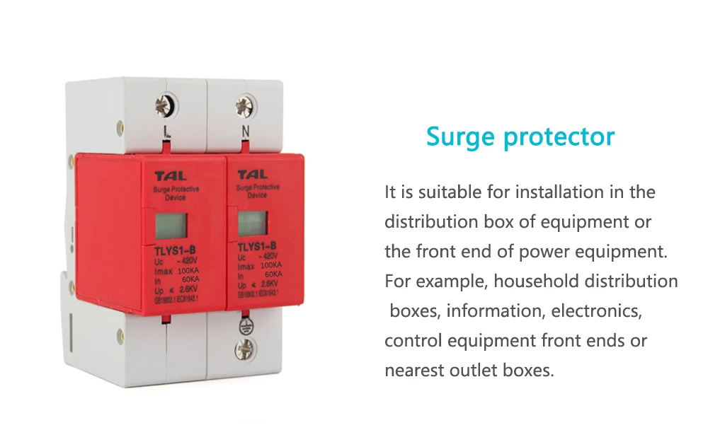 Защита от перенапряжения B100-2P 60KA~ 100KA 275 V 385 V 420 V AC Spd House защитное Низковольтное предохранительное устройство 1 P+ N защита от молнии