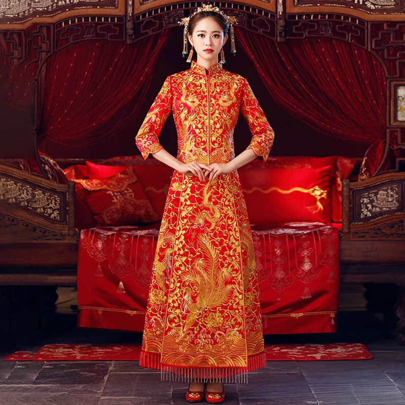 

Bride Embroidery Cheongsam Vintage Chinese Style Wedding Dress Retro Toast Clothing Lady Phoenix Gown Marriage Qipao red Clothes
