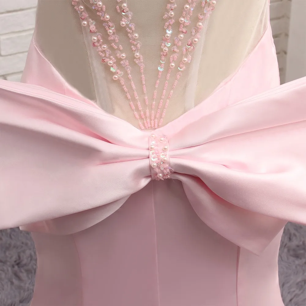 

Pink Prom Dresses Mermaid Cap Sleeves See Through Satin Beaded Bow Long Prom Gown Evening Dresses Evening Gown