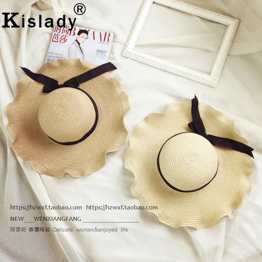Kislady модная черная лента большая волна солнцезащитные шляпы для женщин