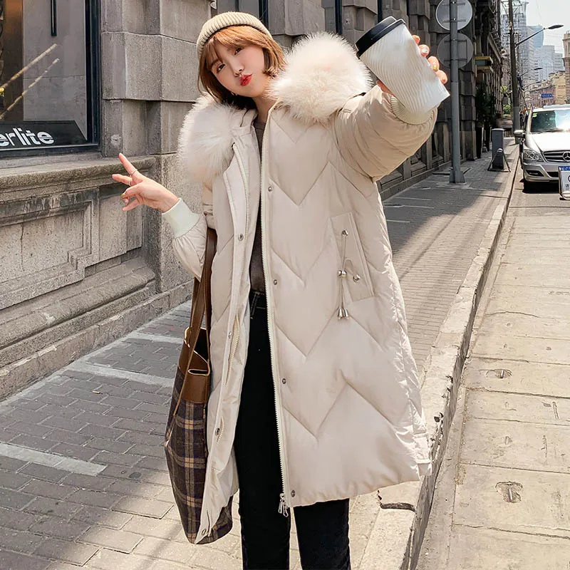 6907Milky Женское пальто негабаритных Harajuku Parkas длинные пуховые теплые куртки с хлопковой подкладкой зимняя одежда длинный рукав с карманом пушистые парки - Цвет: 6907Milky