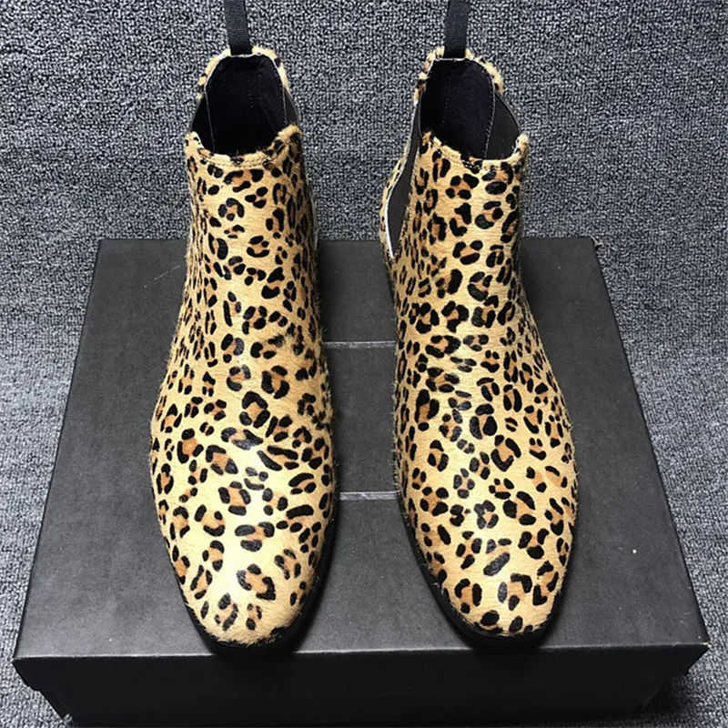 

Leopard Pattern genuine leather fashion luxury male boots exclusive formal banquet stage British wedge boots