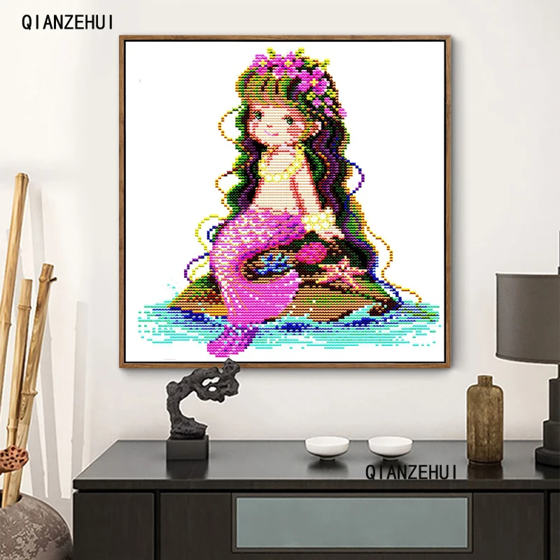 QIANZEHUI Needlework DIY printing The little mermaid Cross Stitch Sets For Embroidery kits Cross-Stitching Wall Home Decro | Дом и сад