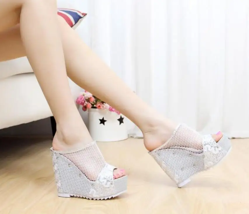 Chaussures femme ete/; женские сланцы на полой платформе; обувь на танкетке и высоком каблуке 12,5 см; женские летние босоножки на платформе; basket femme - Цвет: silver