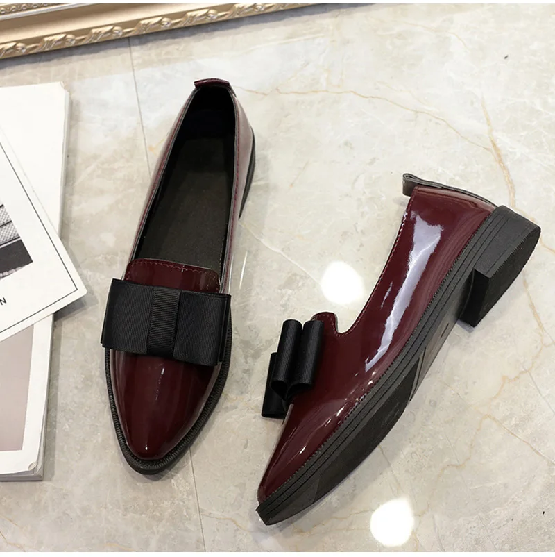 Dropshipping Women Shoes Bowtie Flats Patent Leather Elegant Low Heels Slip On Footwear Female Pointed Toe Thick Heel XXZ04