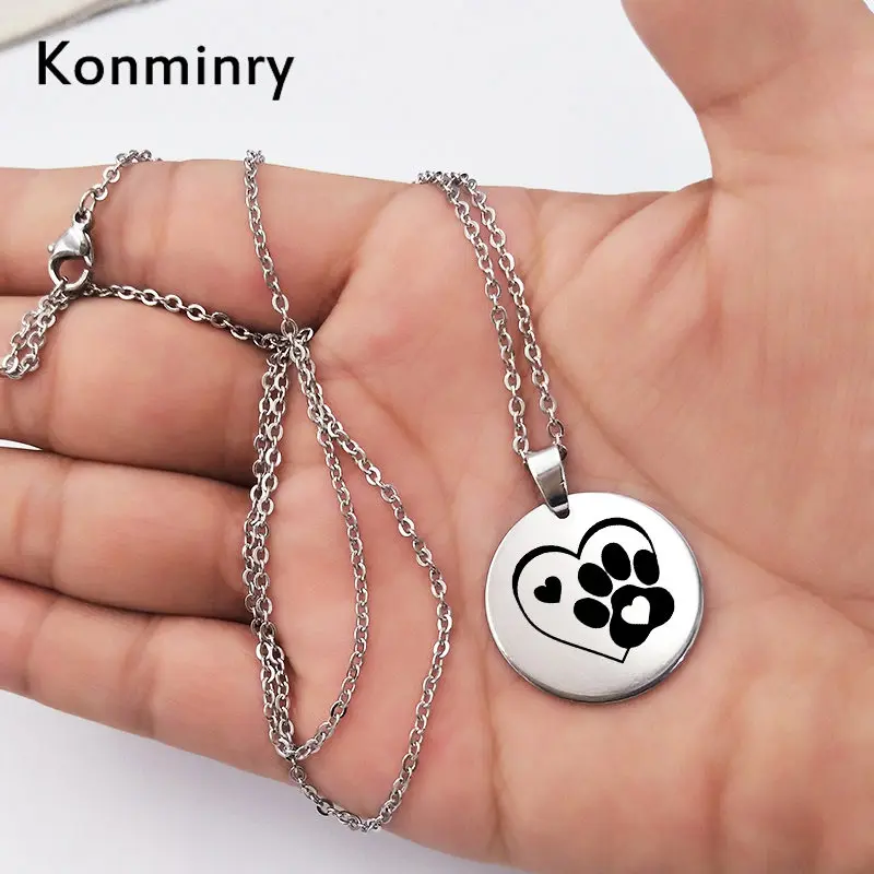 Necklace Милые Черные брелки для ключей из нержавеющей стали в виде лапы питомца, круглый металлический кулон, художественные брелки с принтом «любовь», «кошка», «Собака», серебряные подарки, ювелирные изделия - Цвет: Necklace