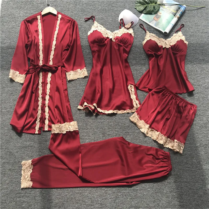 wine red Lisacmvpnel лето тонкий срез 5 шт. для женщин пижамный комплект кружево Сексуальная С груди Pad спагетти ремень пижамы - Цвет: wine red